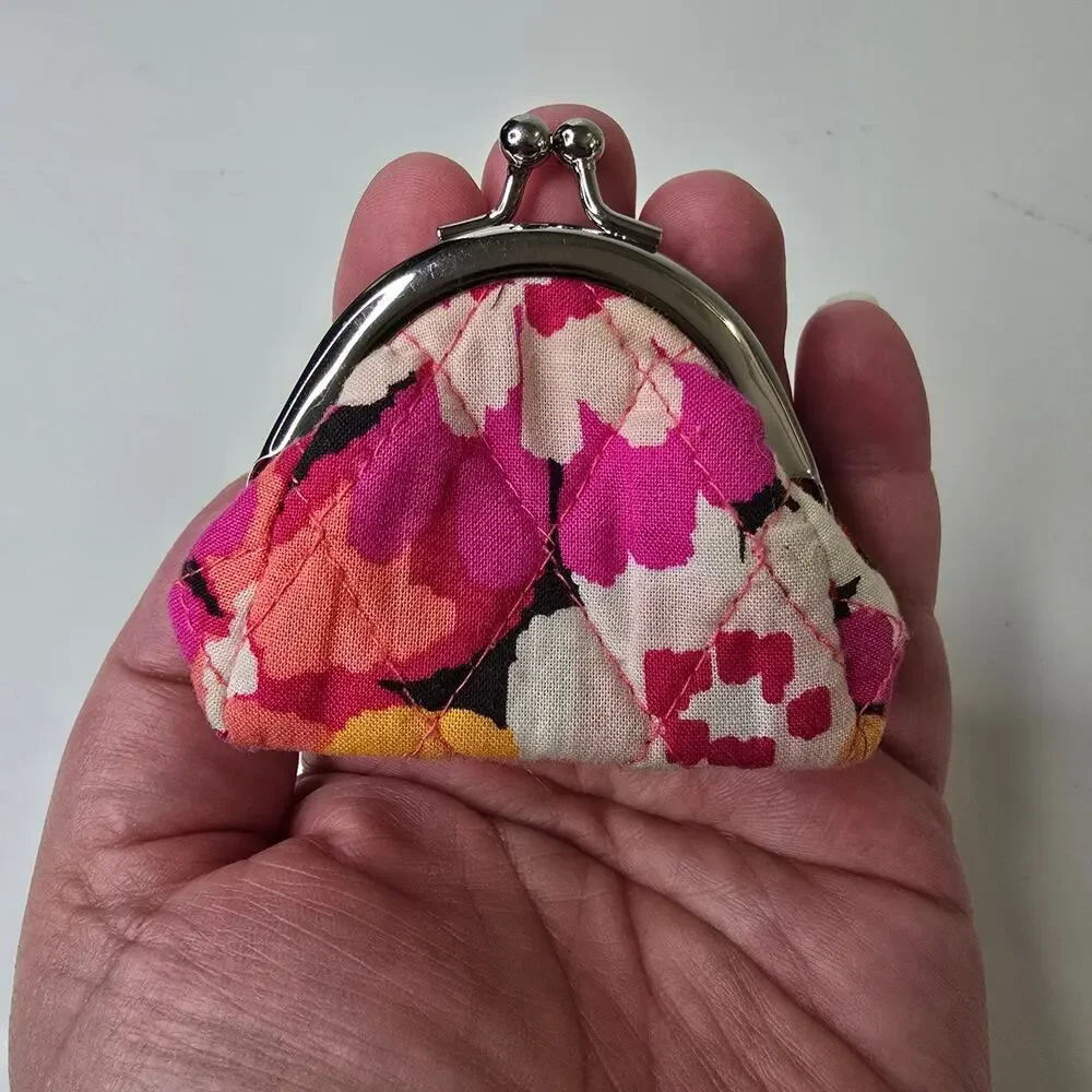 Vera Bradley MINI Kiss Lock Coin Purse Quilted Floral Pink, Peach, Grey, Yellow - Picture 2 of 6